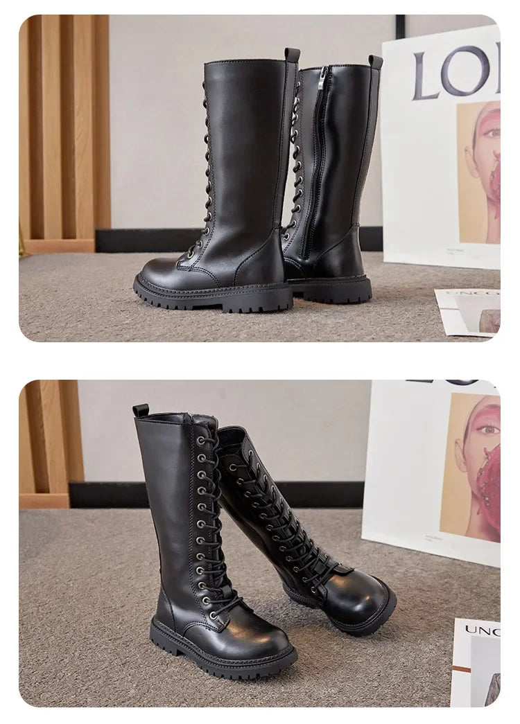 Lace-Up Knee-High Boots for Girls with Side Zippers and Chunky Soles, Black or Beige Motorcycle-Inspired Tall Fashion Shoes, Sizes 27–37