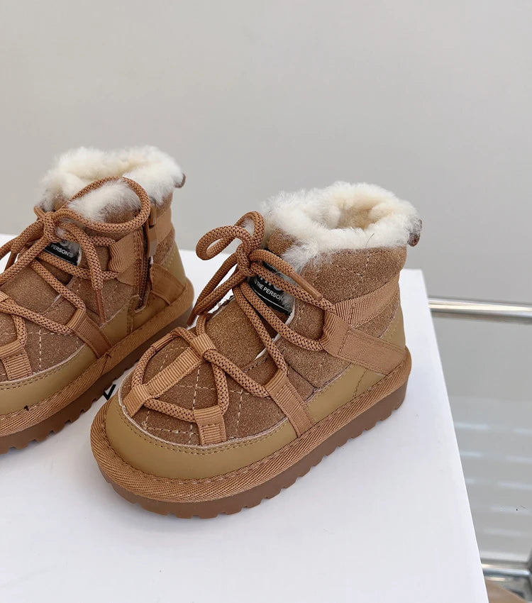 Plush-Lined Toddler Ankle Boots with Lace-Up Front and Side Zipper, Camel or Black Winter Shoes for Boys and Girls, Sizes 18-30