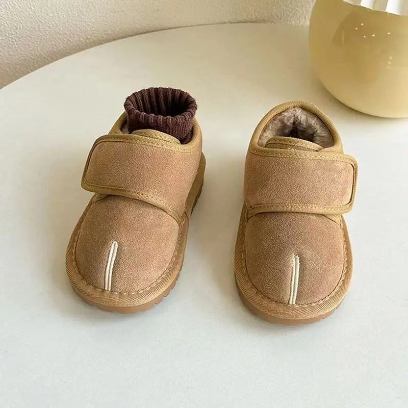 Hook-and-Loop Toddler Winter Ankle Boots with Faux Suede Upper and Plush Lining, Brown Apricot or Black Short Shoes for Boys and Girls in Sizes 21–30