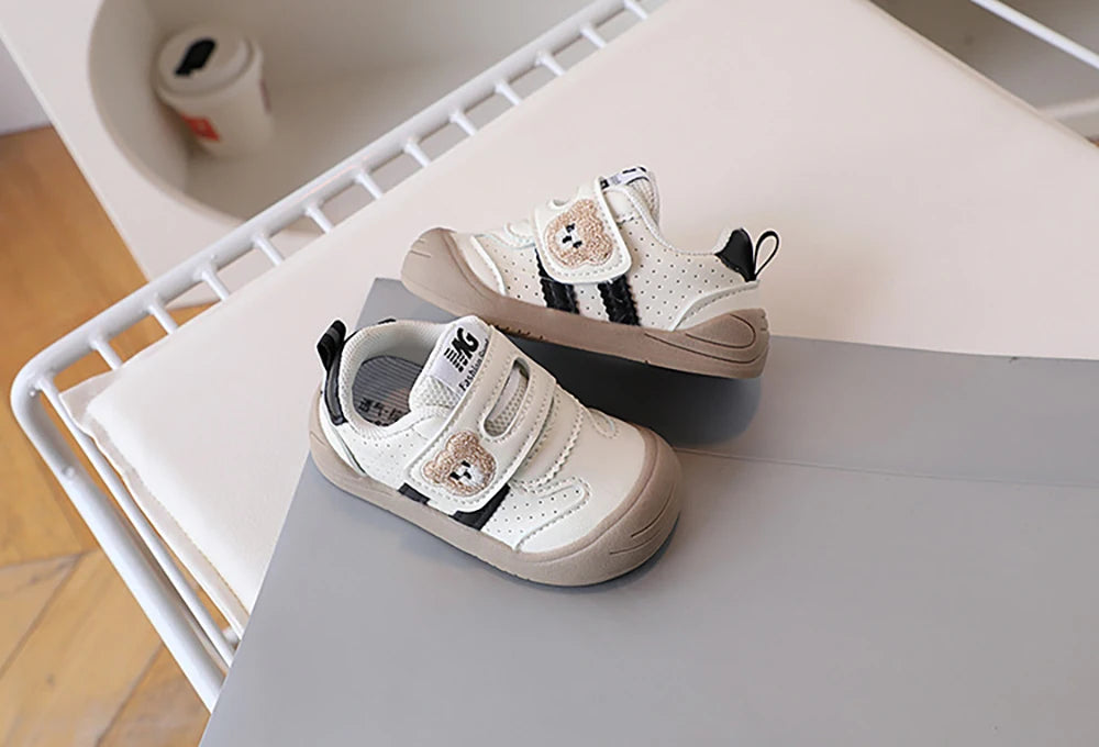 Toddler Bear Sneakers with Hook-and-Loop Strap, Perforated Upper and Striped Sides, Baby Boys and Girls Casual Shoes in Black Gold or Red, Sizes 16-25