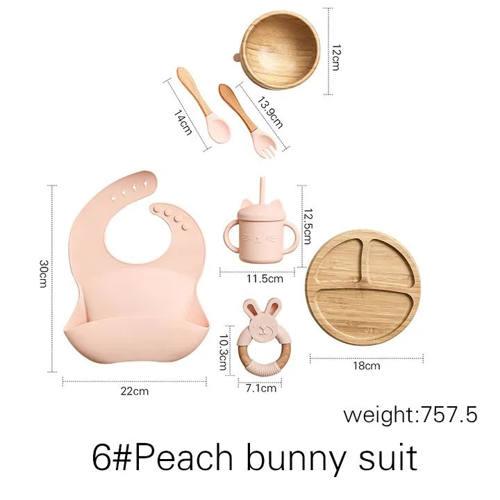 Bamboo Baby Tableware Set with Animal Plate Designs, Bowl, Cup and Wooden-Handle Utensil Options for Supervised Infant and Toddler Mealtimes
