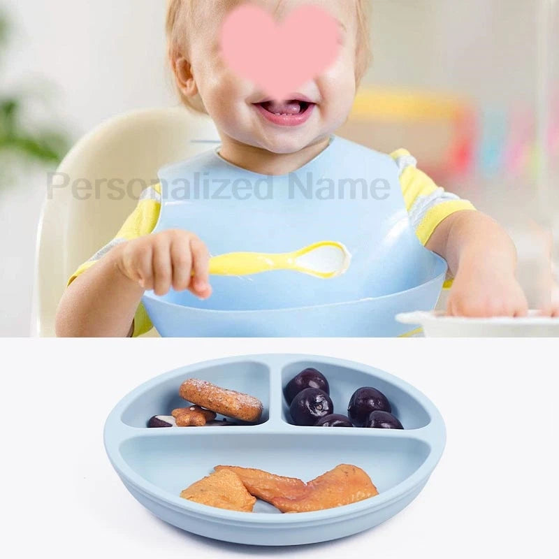 Personalized Silicone Baby Tableware Set, 8-Piece Collection with Divided Plate, Suction Bowl, Pocket Bib, Straw Cup and Two Utensil Pairs