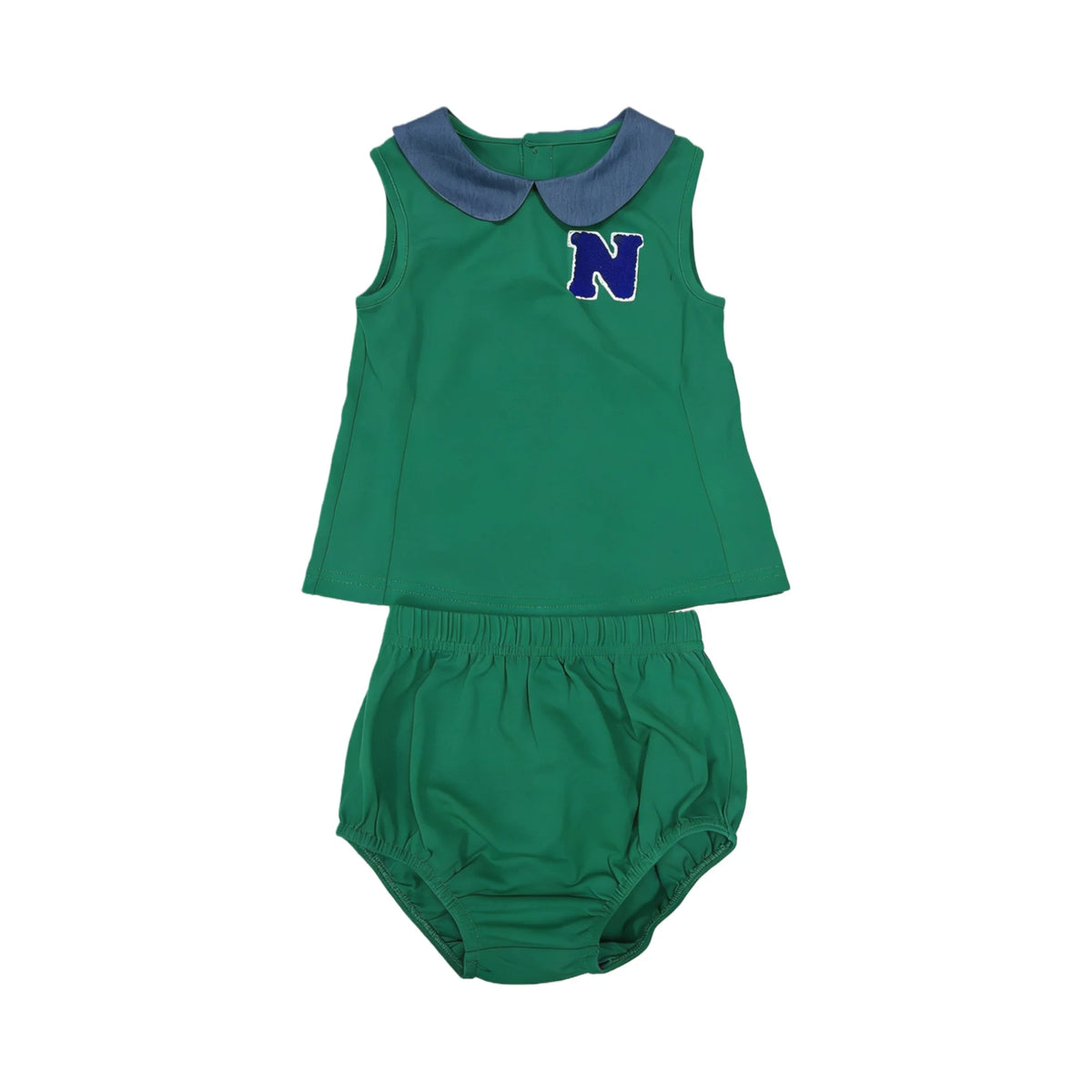 Green Polo Kids Outfits with Navy Letter Patch, Coordinating Girls Dresses, Boys Shirts and Shorts and Baby Girl Set Styles for Family Photos
