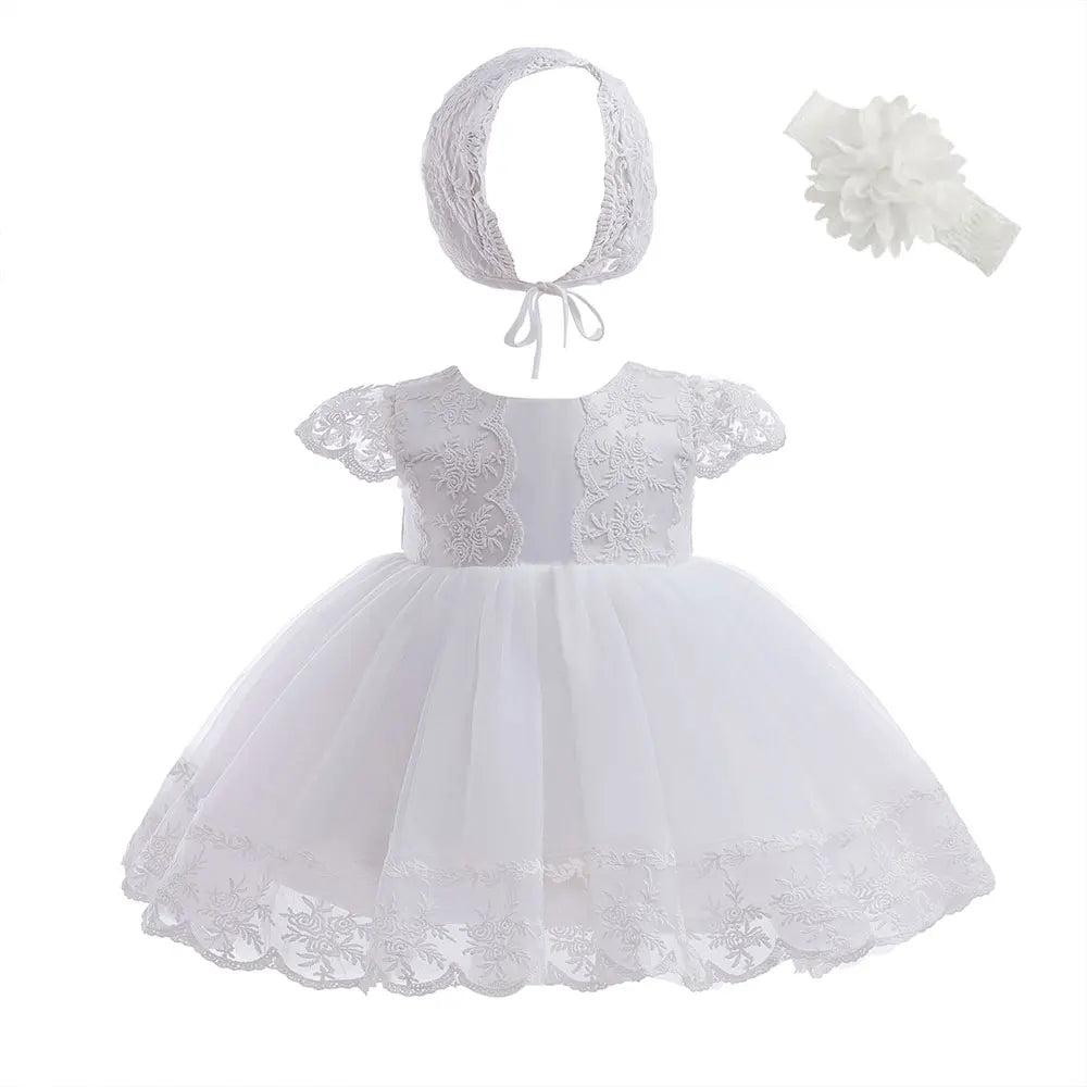 Baby Baptism Gown for Girls with Long Sleeves, Lace Details and Cotton Lining, Dress and Cap Set for Christening and First Birthday Photos
