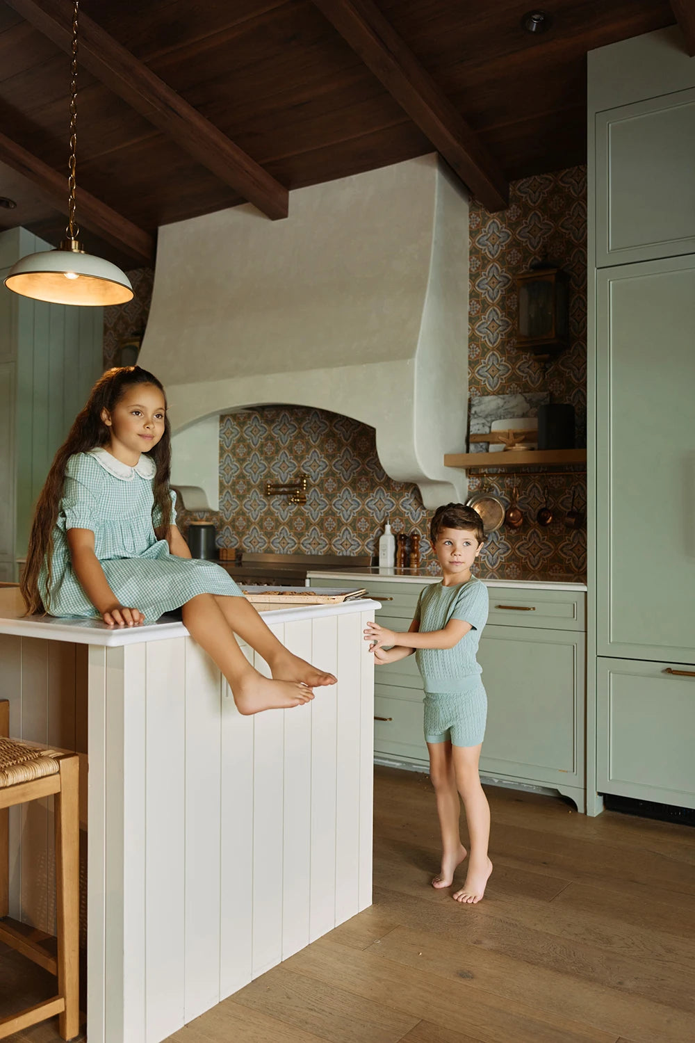 Sage Green Gingham Kids Outfits with Cotton Girls Dress and Baby Romper Options, Lyocell Knit Layers and Boys Separates for Sibling Family Photos
