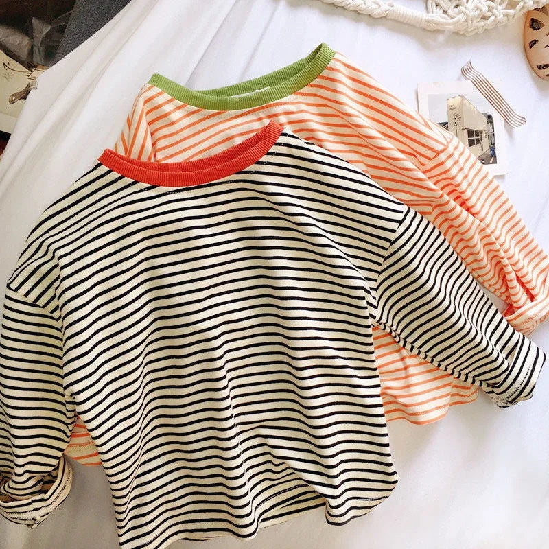 Toddler Striped Long Sleeve Shirt with Contrast Crewneck, Relaxed Fit Black or Orange Tee for Boys and Girls, Baby Sizes 9-12M to 5T