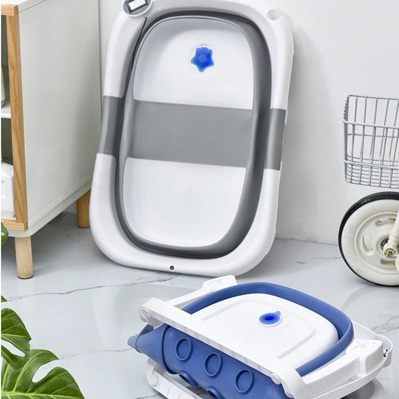 Temperature-Sensing Baby Bathtub with Digital Display, Compact Folding Bath Tub for Supervised Bathing and Small-Bathroom Storage