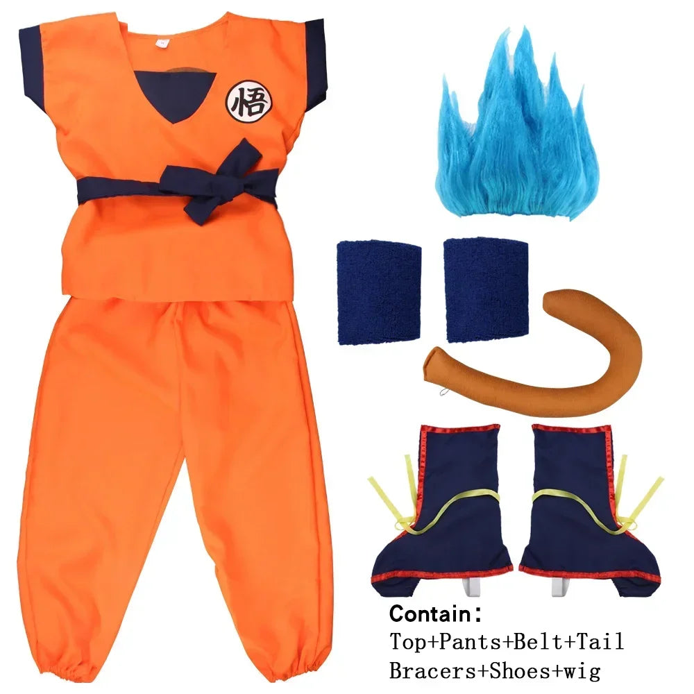 Orange Anime Gi Costume for Kids and Adults, Goku-Inspired Polyester Top and Pants with 5, 6 or 7-Piece Accessory Options for Halloween and Cosplay