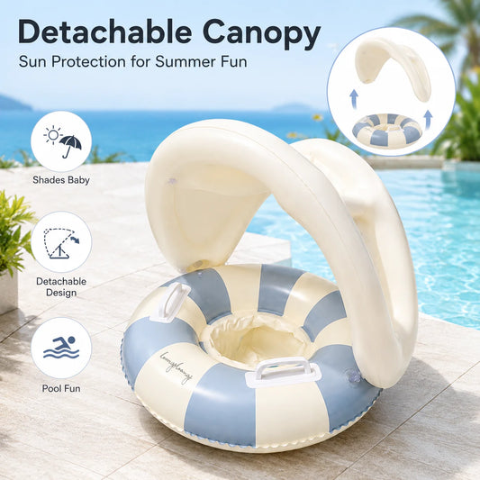 Inflatable Baby Pool Float Seat with Detachable Canopy and Easy-Grip Handles, Retro Striped Swim Ring for Supervised Summer Water Play