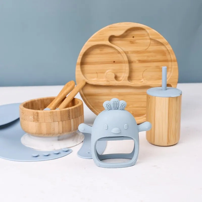 Bamboo Baby Tableware Set with Animal Plate Designs, Bowl, Cup and Wooden-Handle Utensil Options for Supervised Infant and Toddler Mealtimes