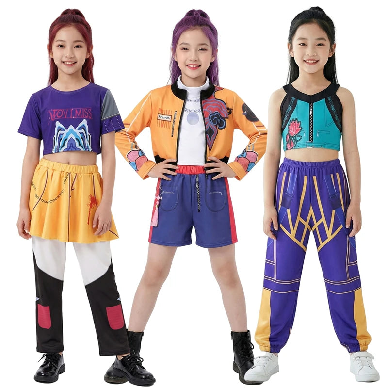 Girls Cosplay Costume Set for Halloween, Dance Performances and Dress-Up with Jacket, T-Shirt and Shorts or Top-and-Pants Outfit Options