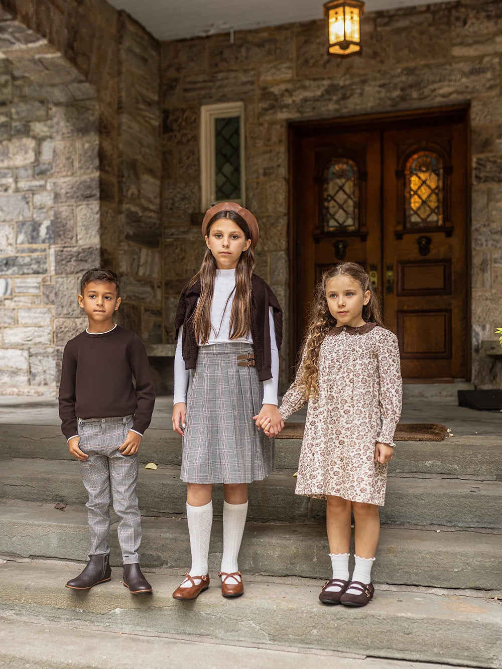 Brown Floral Sibling Matching Outfits with Cotton Girls Dresses and Baby Bloomer Sets, Coordinating Cardigans and Plaid Boys Pants or Overall Shorts