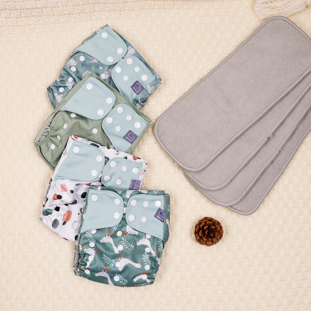 Mesh-Lined Cloth Diapers by Elinfant, 4-Pack Adjustable Pocket Baby Nappies with 4 Three-Layer Microfiber Inserts and Waterproof PUL Outer