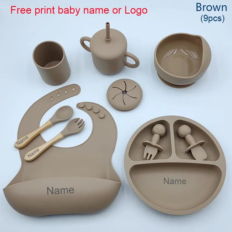 Nine-Piece Personalized Silicone Feeding Set with Suction Bowl, Divided Plate, Pocket Bib, Cups and Utensils for Supervised Baby Mealtimes