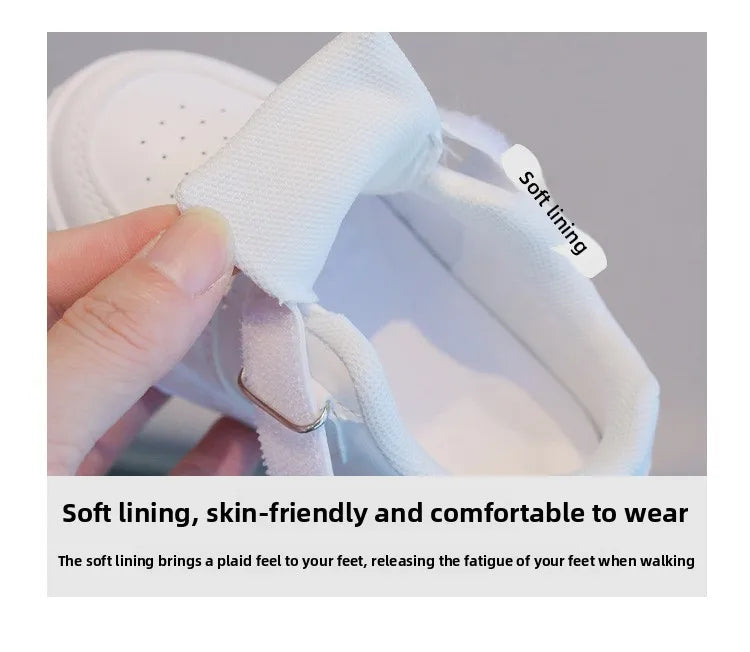 Kids White Low-Top Sneakers with Adjustable Strap, Perforated Toe and Silver Heel Detail for Boys and Girls Spring and Fall Casual Outfits