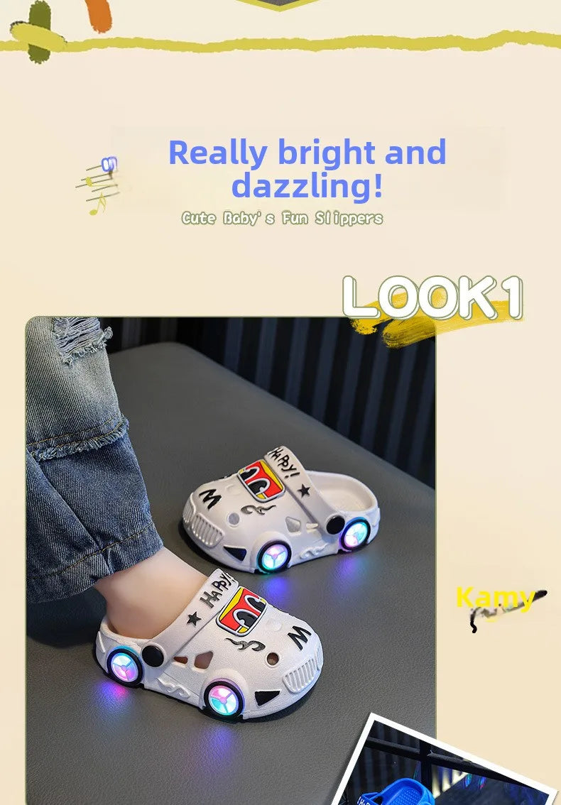 Kids Light-Up Car Clogs with Glowing Wheel Details, Ventilated Closed-Toe Design and Pivoting Heel Strap for Playful Summer Casual Outfits