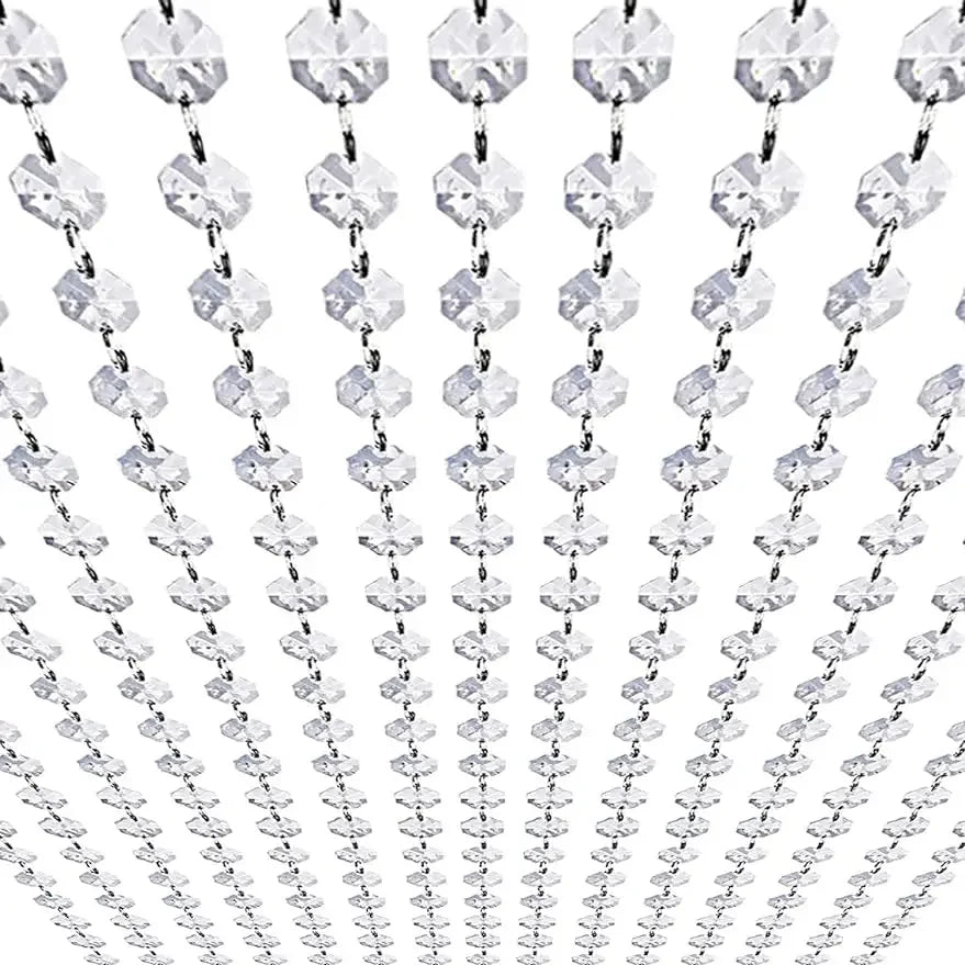 Clear Acrylic Bead Garland Strands with 14mm Octagon Gems and Adjustable Rings, Hanging Crystal-Look Chains for Wedding, Birthday and Holiday Decor