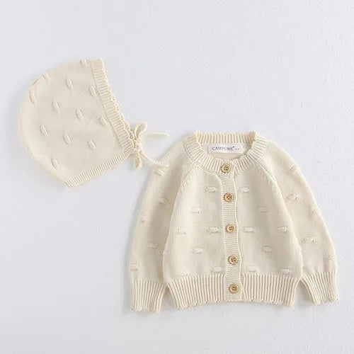 Contrast-Trim Ruffle Collar Baby Girl Cardigan Styles with Button Front and Long Sleeves, Infant and Toddler Knit Sweater Options in Sizes 3M-3T