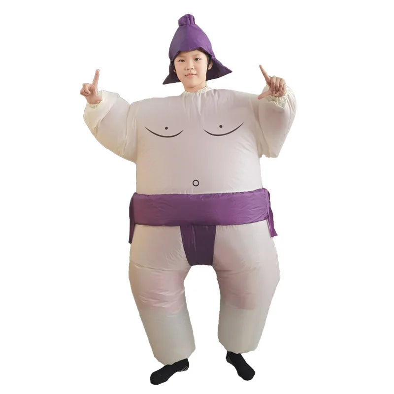 Inflatable Sumo Costume for Kids and Adults, Oversized Wrestler-Style Blow-Up Suit with Colorful Belt Design for Halloween and Cosplay Parties