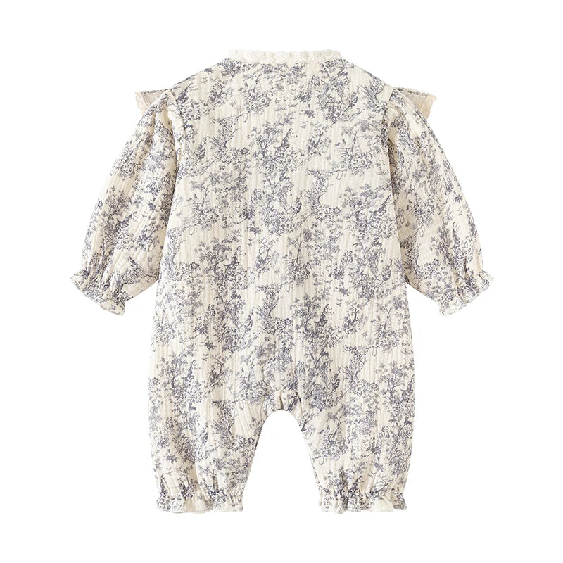 Baby Girl Jumpsuit and Hat Set with Ink-Style Print and Ruffled Yoke, Long Sleeve Cotton Outfit for Spring, Fall and Family Photos, Sizes 59-90
