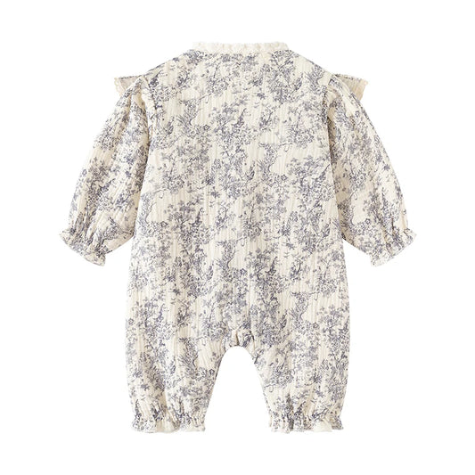 Baby Girl Jumpsuit and Hat Set with Ink-Style Print and Ruffled Yoke, Long Sleeve Cotton Outfit for Spring, Fall and Family Photos, Sizes 59-90