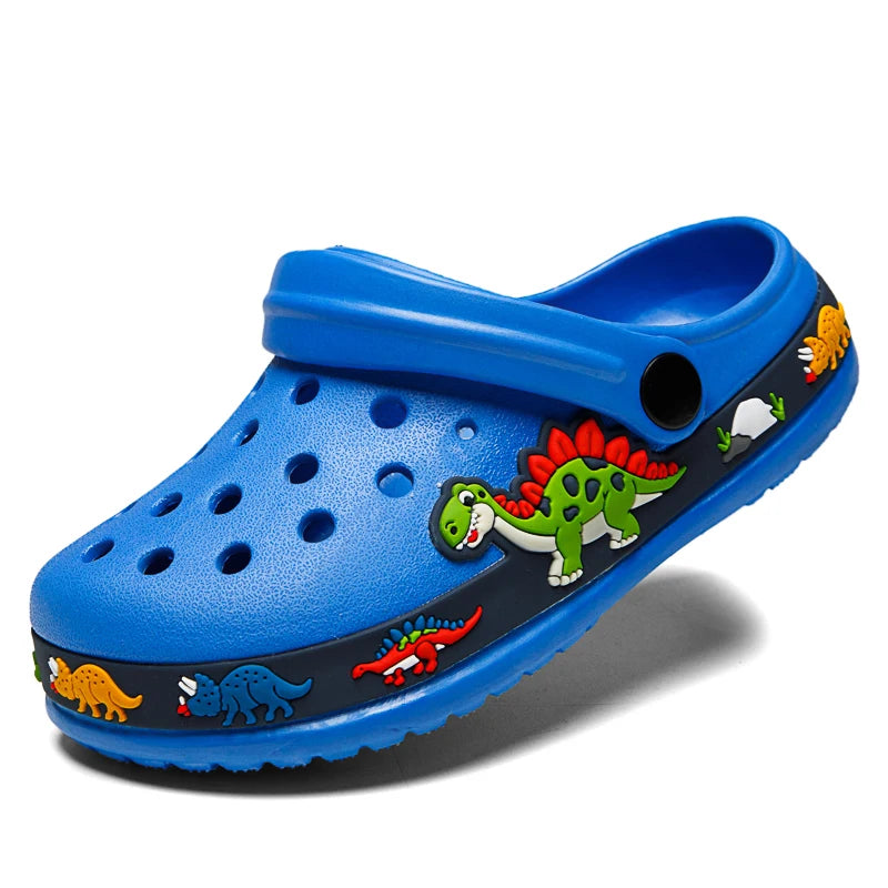Dinosaur Kids Garden Clogs with Ventilation Holes and Pivoting Heel Strap, Closed-Toe Slip-On Summer Shoes for Boys and Girls Casual Outfits