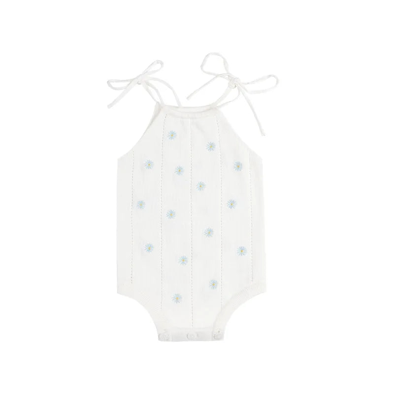 Sleeveless Baby Girl Bodysuit with Floral Cotton Knit and Tie Shoulders, White Openwork Summer One-Piece Outfit for Family Photos, 0-24M