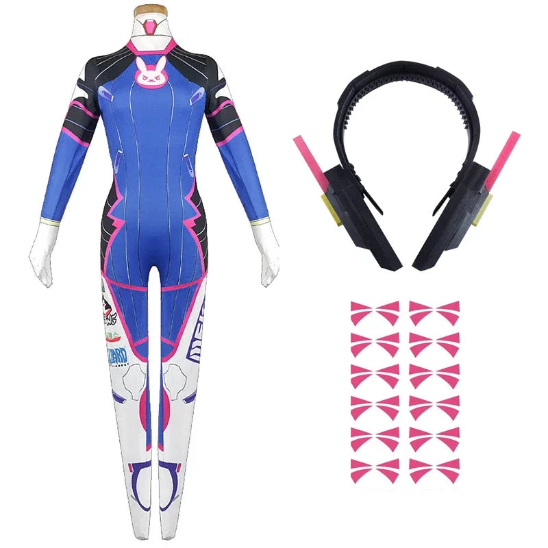 D.va Cosplay Costume and Accessory Options for Women, Blue Character Jumpsuit, Wig, Headset and Prop Selections for Halloween and Conventions