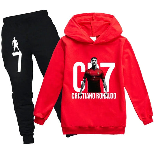 Kids Soccer Graphic Tracksuit with CR7 Print Hoodie and Black Jogger Pants, Two-Piece Casual Outfit for Boys and Girls, Spring and Fall