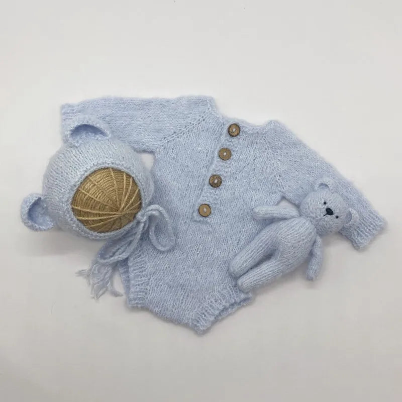 Newborn Bear Photography Outfit with Long Sleeve Knitted Romper and Bear Ear Bonnet, Optional Knit Toy for Baby Boys and Girls Portrait Sessions