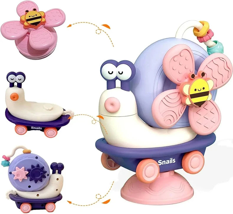 Suction Cup Snail Spinner Toy with Colorful Windmill and Wheeled Design for Supervised Sensory Play, Fine Motor Exploration and Gifting