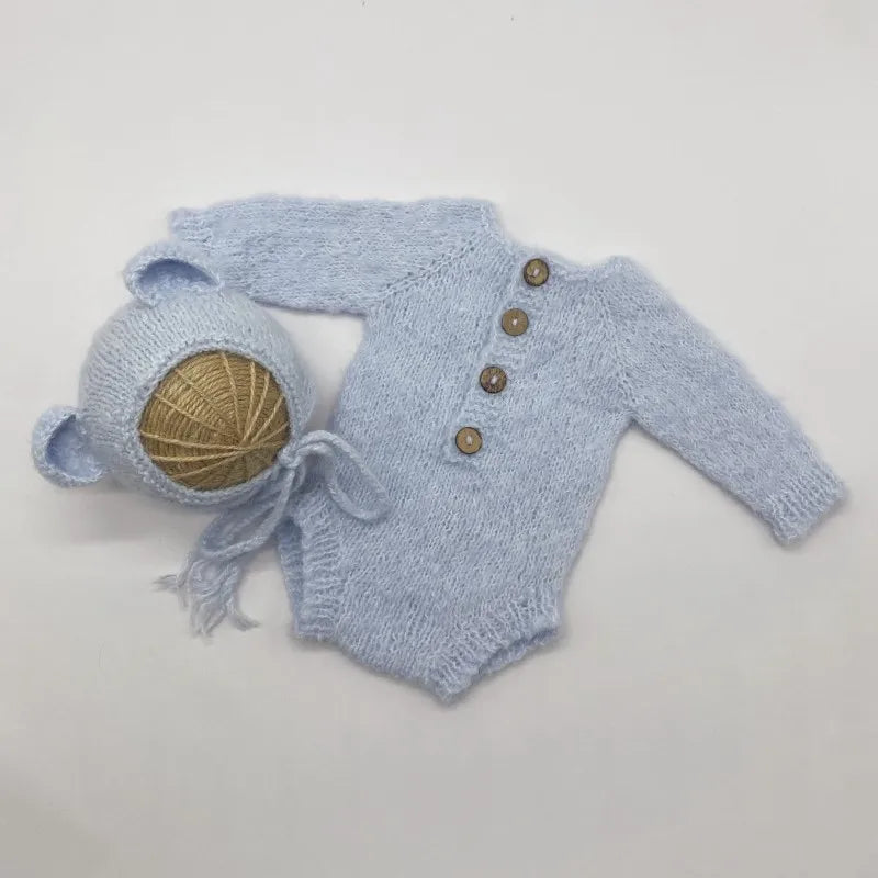 Newborn Bear Photography Outfit with Long Sleeve Knitted Romper and Bear Ear Bonnet, Optional Knit Toy for Baby Boys and Girls Portrait Sessions