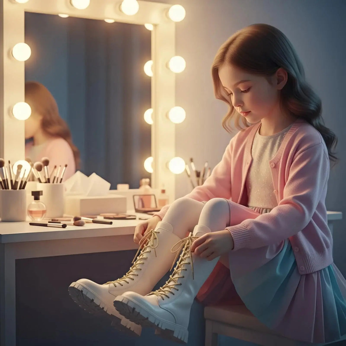 Girls White Lace-Up Boots with Side Zippers and Chunky Lug-Style Soles, Tall PU Fashion Footwear for Little and Big Kids, Sizes 27–37