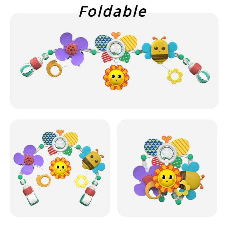 Stroller Activity Toy Arch with Colorful Hanging Play Details, Ocean or Bee Theme Clip-On Baby Play Bar for Supervised Sensory Exploration