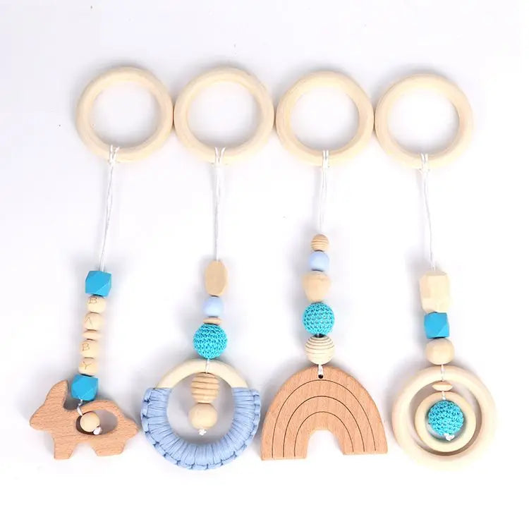 Beech Wood Baby Gym Toy Set, 4 Hanging Animal Pendants with Yarn Details and 5.8 cm Rings for Supervised Looking and Reaching, Frame Not Included
