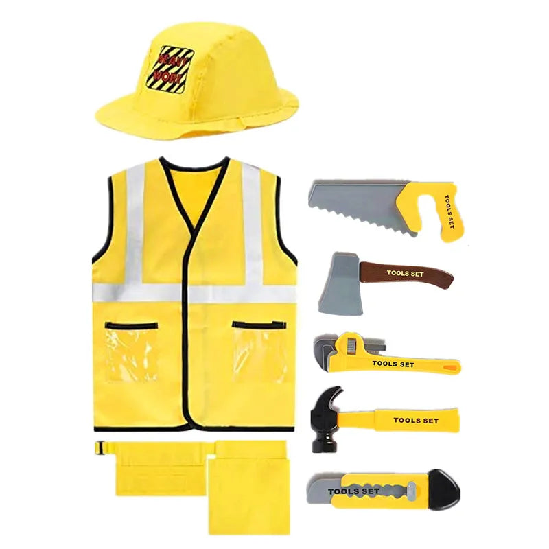 Construction Worker Dress-Up Set for Kids Ages 3-6, Builder Costume with Vest, Hat and Pretend Tools for Career Day and Birthday Play