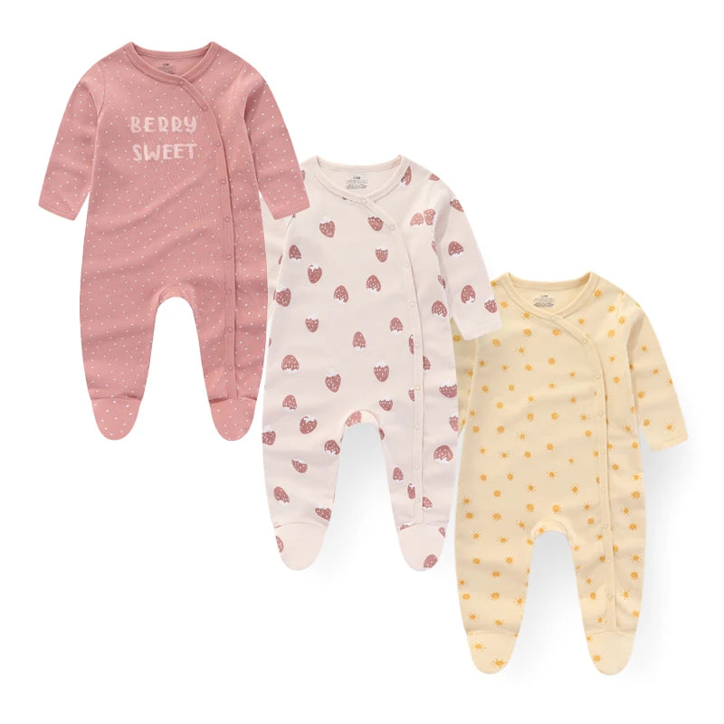 Baby Footed Jumpsuits 3-Pack, 100% Cotton Long Sleeve Cartoon Rompers for Newborn Boys and Girls, Fall and Winter Everyday Outfits