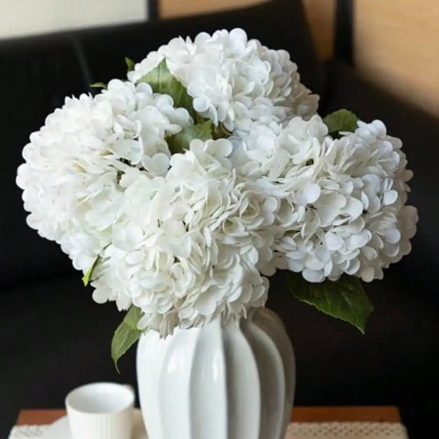 White Artificial Hydrangea Flowers, 4-Piece Large Faux Floral Bouquet for Wedding Centerpieces, Bridal Arrangements, Home, Office and Party Decor