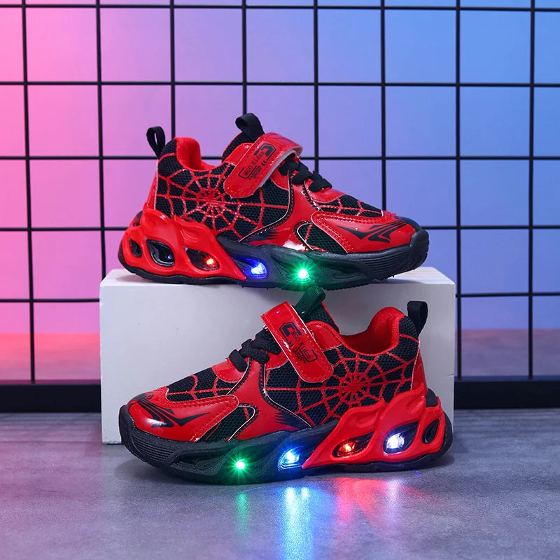 Motion-Activated Light-Up Sneakers for Kids, MGO Breathable Mesh Shoes with Spider-Web Pattern and LED Soles in Red, Blue or Black