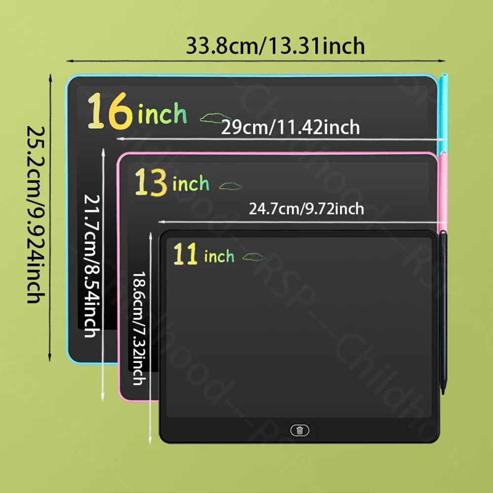 Kids LCD Doodle Tablet, 8, 11, 13 or 16-Inch Erasable Drawing and Handwriting Board with Stylus, Screen Lock and Clear Button for Creative Practice