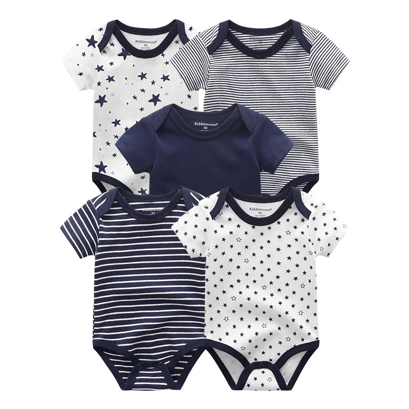 Cotton Baby Bodysuit Set of 5, Short Sleeve and Sleeveless Infant Clothing Styles with Solid Colors and Prints for Boys and Girls, 3M-12M
