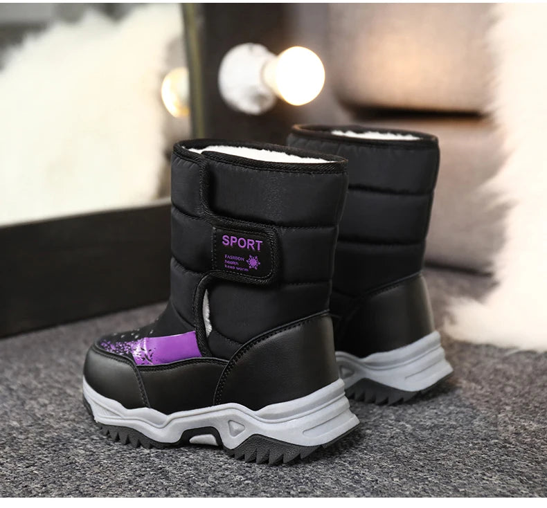 Kids Plush-Lined Winter Boots with Padded Shafts and Front Flap Closures, Pink or Purple Snow-Style Footwear for Boys and Girls
