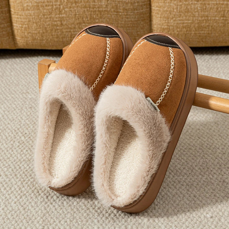 Plush Lined House Slippers with Thick Soles and Decorative Stitching, Cozy Slip-On Indoor Home Shoes in Brown, Beige or Black, Sizes 36-45