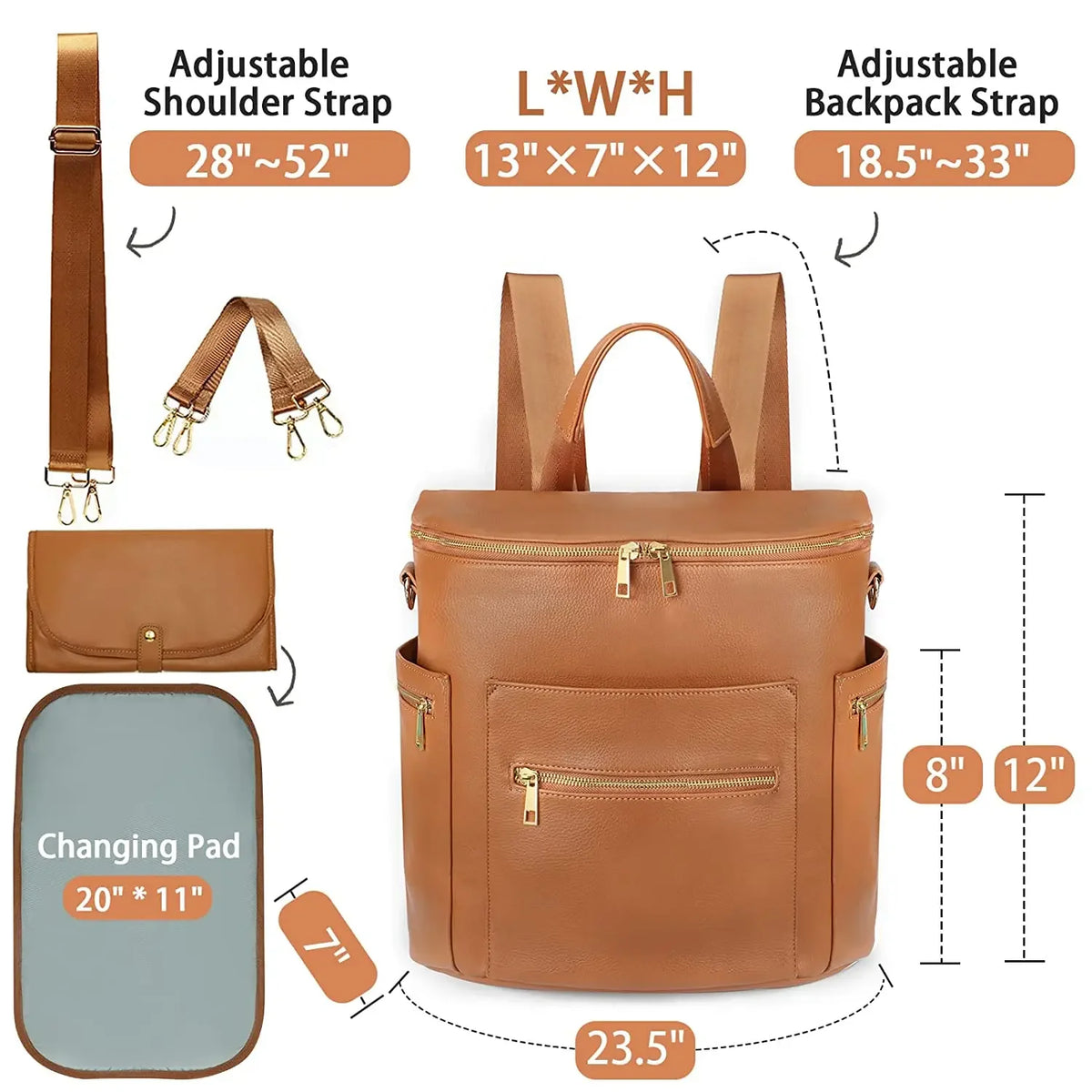 Convertible Diaper Backpack in PU Leather with Changing Pad, 11 Storage Pockets, Insulated Bottle Pockets and Shoulder Straps for Parents