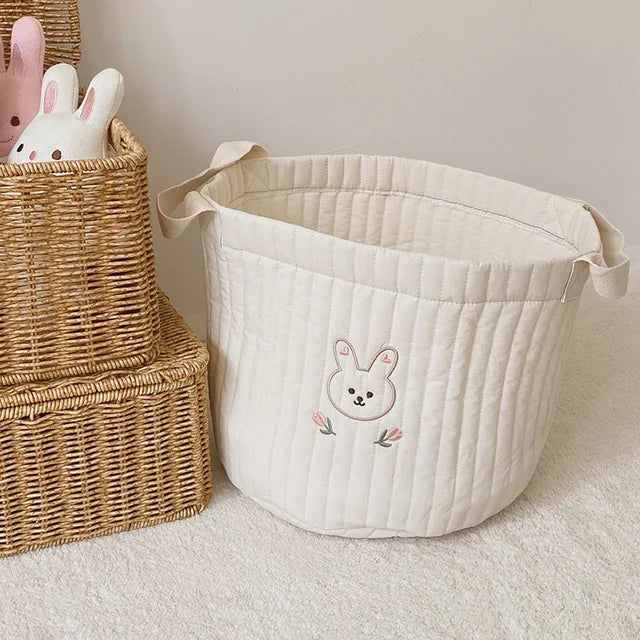 Diaper Storage Basket with Cute Bear Embroidery and Carry Handles, Quilted Nursery Organizer for Newborn Diapers, Toys and Baby Essentials