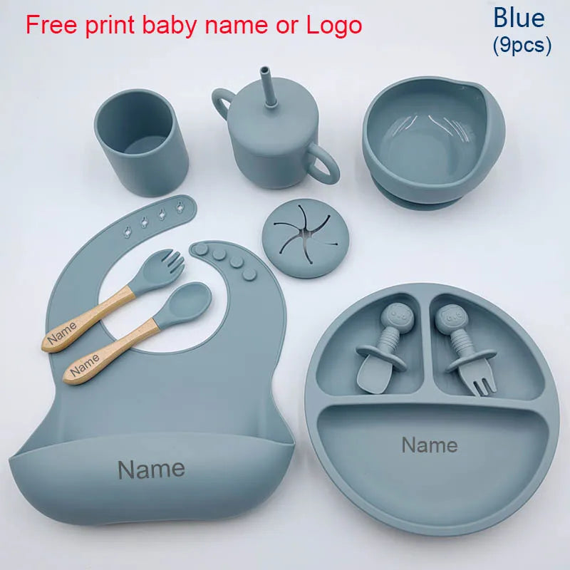 Nine-Piece Personalized Silicone Feeding Set with Suction Bowl, Divided Plate, Pocket Bib, Cups and Utensils for Supervised Baby Mealtimes