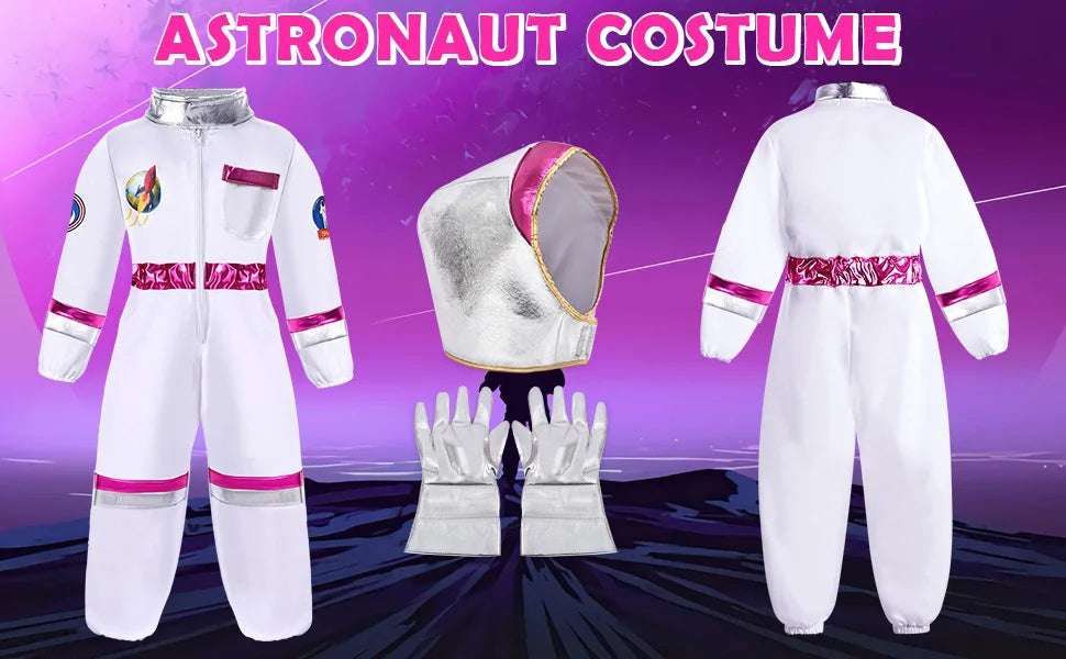 Space Explorer Costume for Kids with White Astronaut Jumpsuit, Space-Themed Patches and Metallic Trim Options for Halloween and Birthday Parties