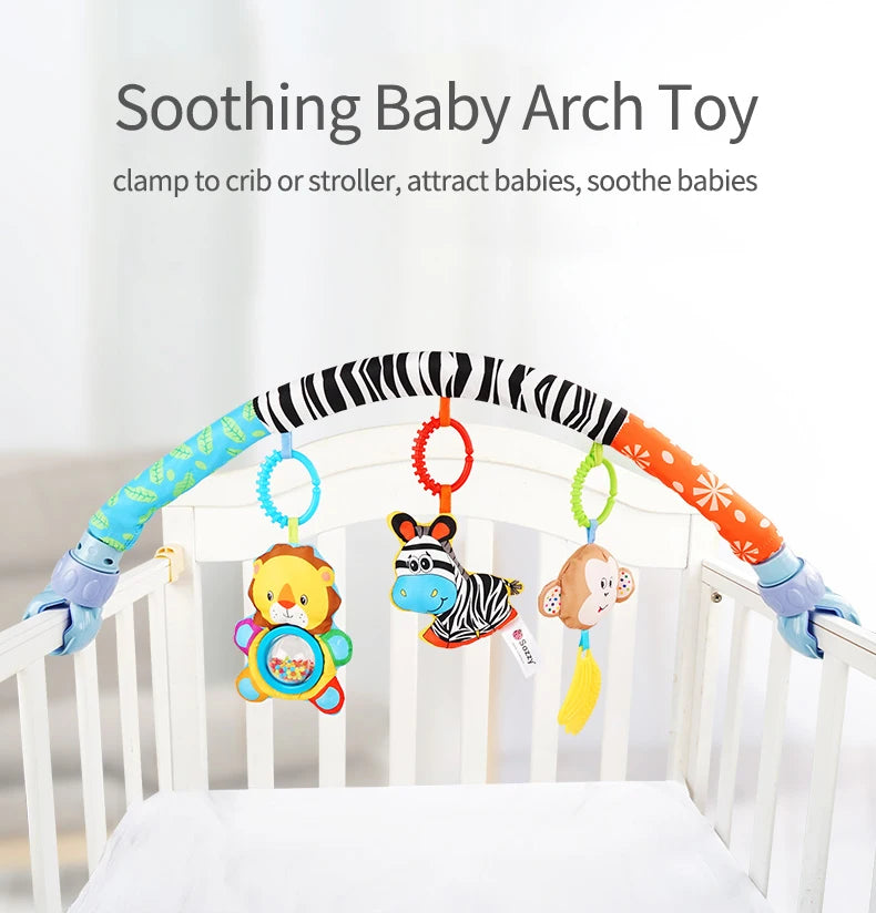 Adjustable Baby Activity Arch with Clamp-On Animal Toys, Colorful Stroller Play Bar for Supervised Sensory Exploration and Baby Shower Gifts