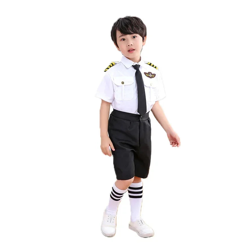 Kids Pilot Costume for Boys and Girls, Airline Captain Uniform-Style Outfit with Short Sleeve Shirt Styling for Career Day and Halloween