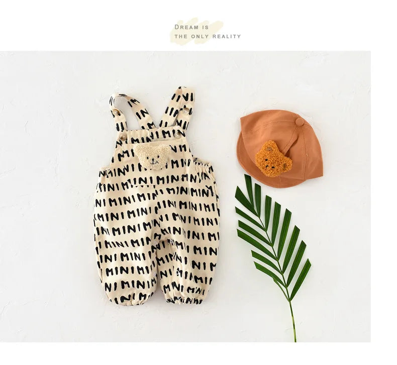 Baby Bear Patch Overalls with Red Stripe or Beige MINI Print, Button Shoulder Straps and Snap Legs, Loose-Fit Infant Jumpsuit for Boys and Girls